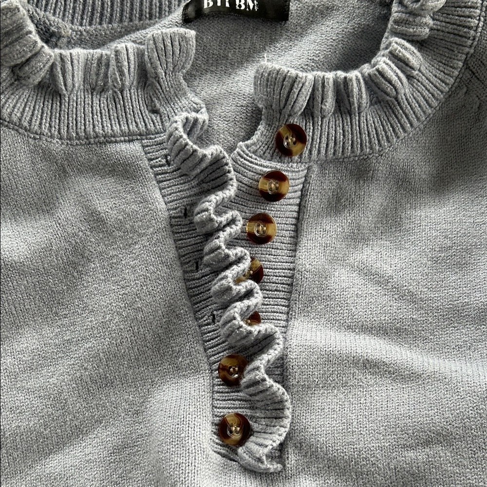 Blue Gray Ruffled Button Sweater - image 4
